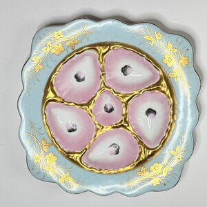 Antique French Limoges Oyster Plate, Pink & Gold, Aqua Ruffer SQ Border, c.1890